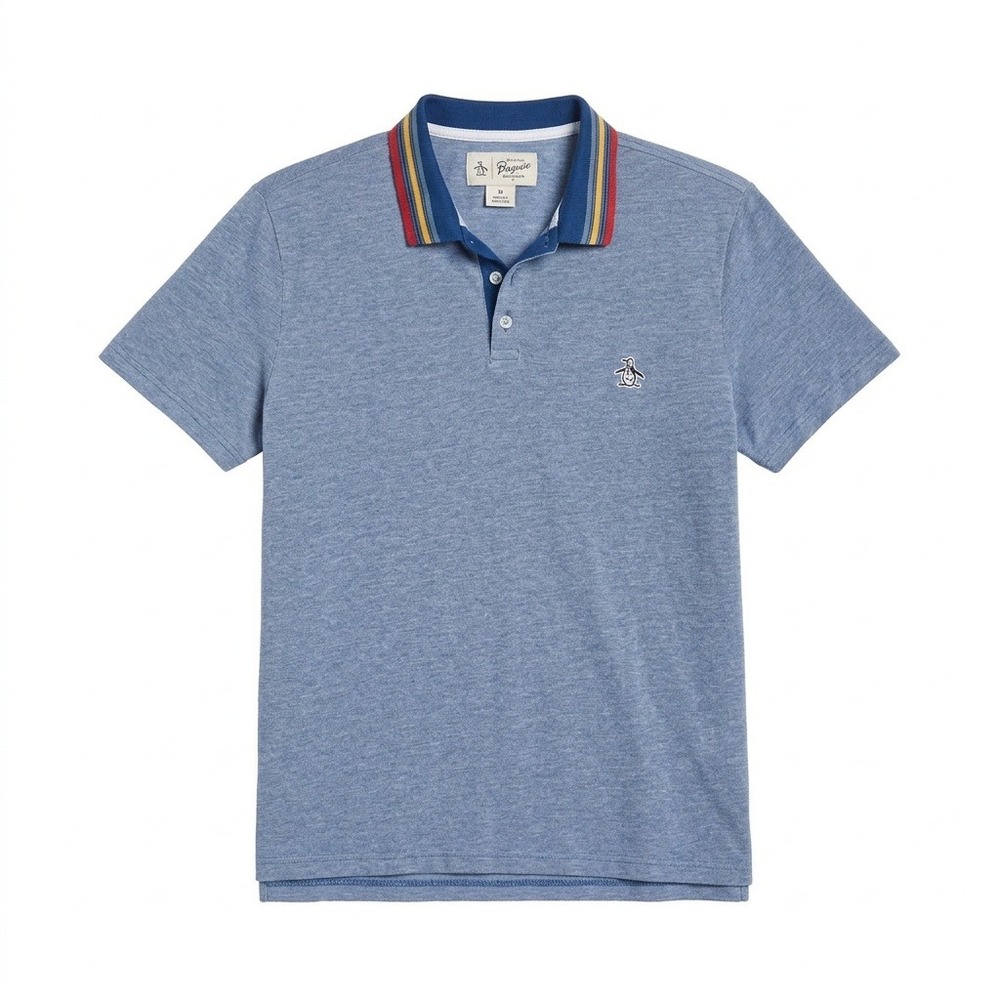 Original Penguin Polo Shirt Mens M Blue Striped Collar Short Sleeve Casual